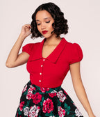 Hell Bunny Red Collared Button Up Blouse - Unique Vintage - Womens, TOPS, WOVEN TOPS