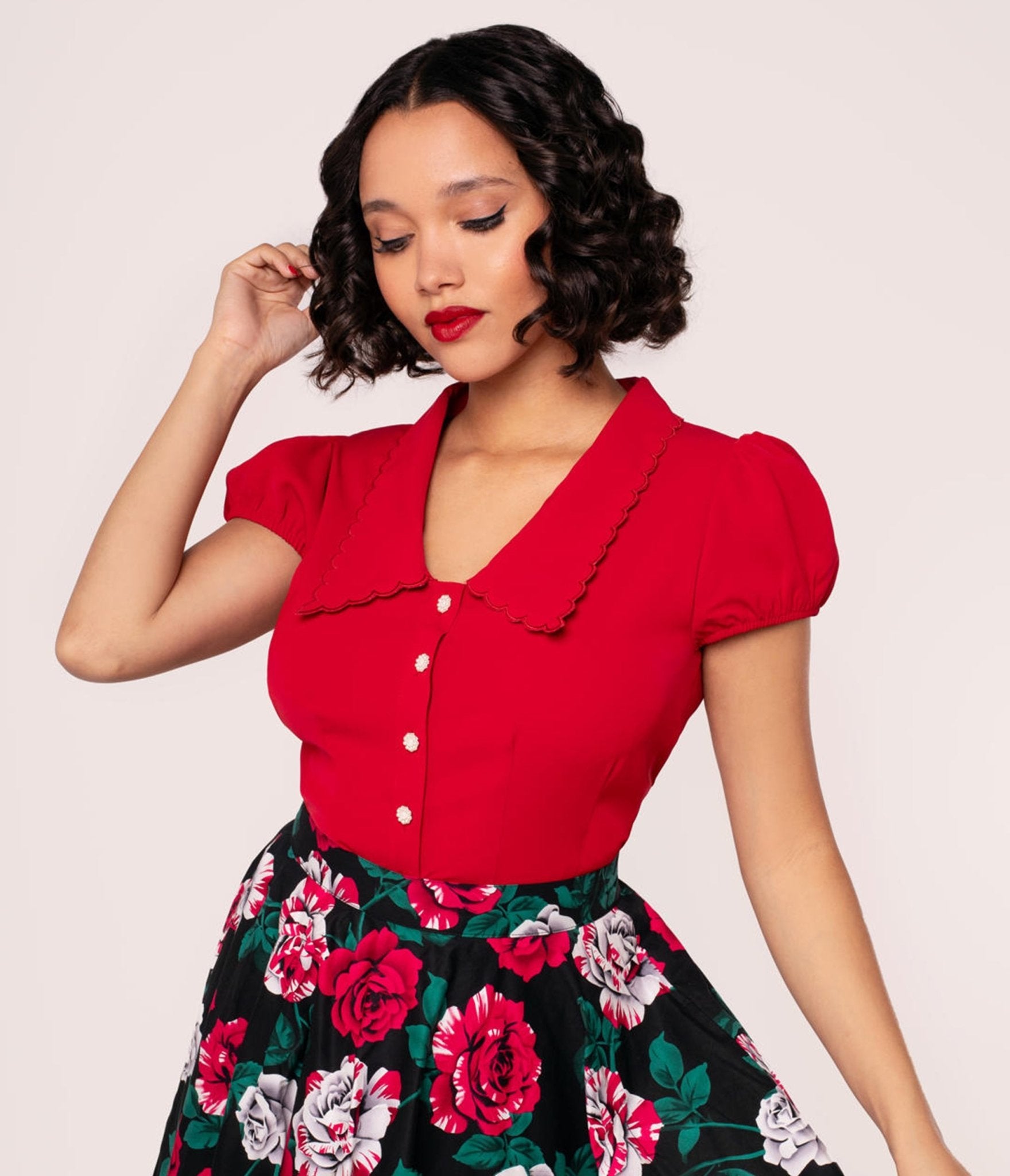 Hell Bunny Red Collared Button Up Blouse