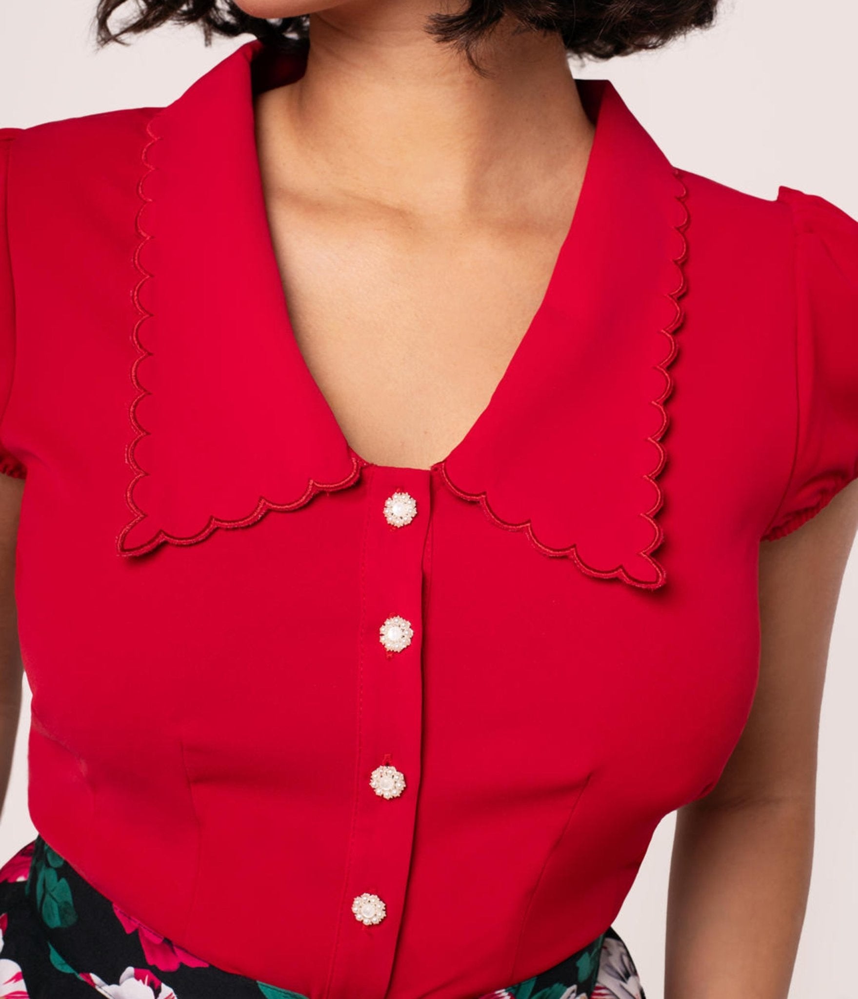 Hell Bunny Red Collared Button Up Blouse - Unique Vintage - Womens, TOPS, WOVEN TOPS
