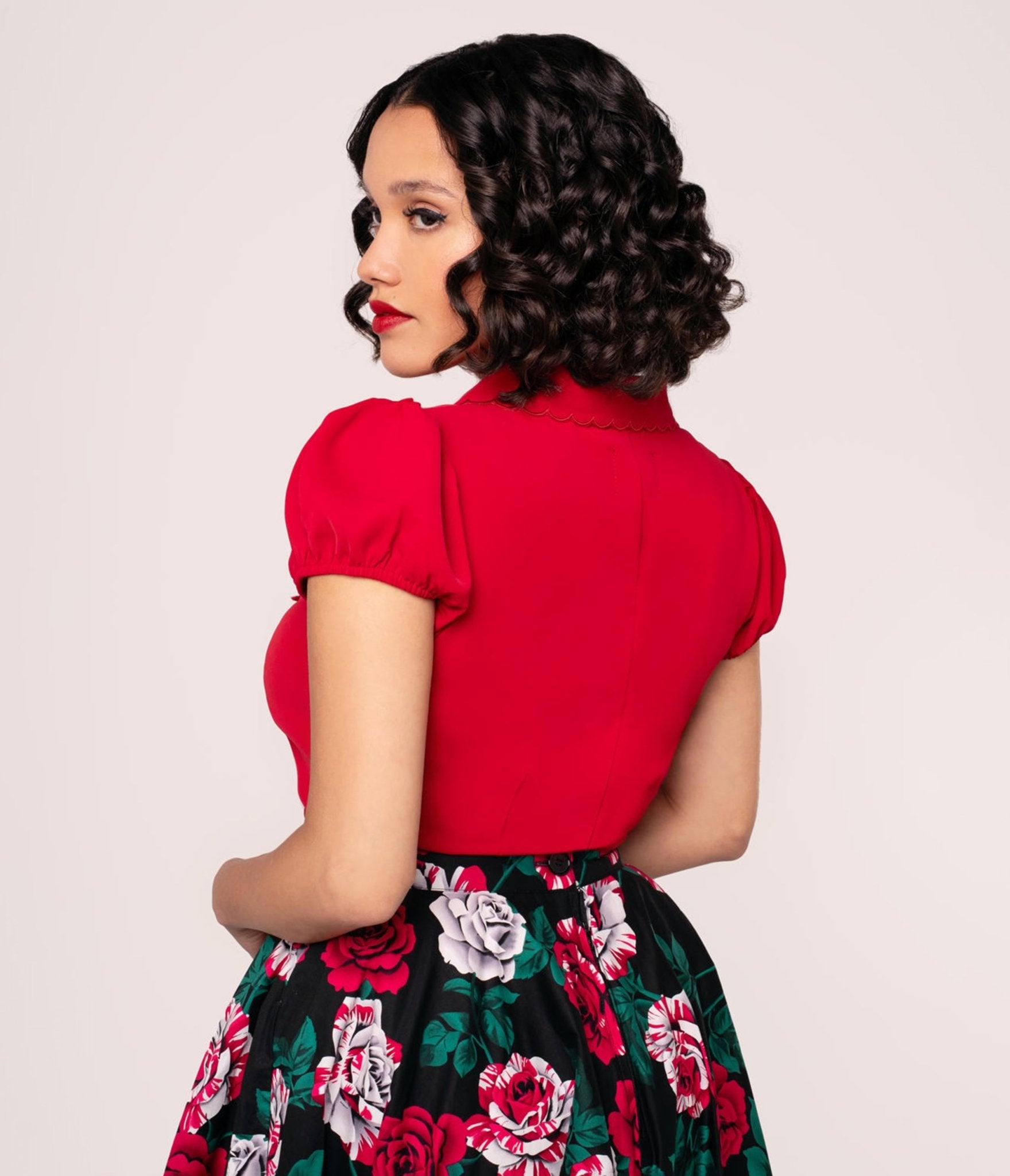 Hell Bunny Red Collared Button Up Blouse - Unique Vintage - Womens, TOPS, WOVEN TOPS