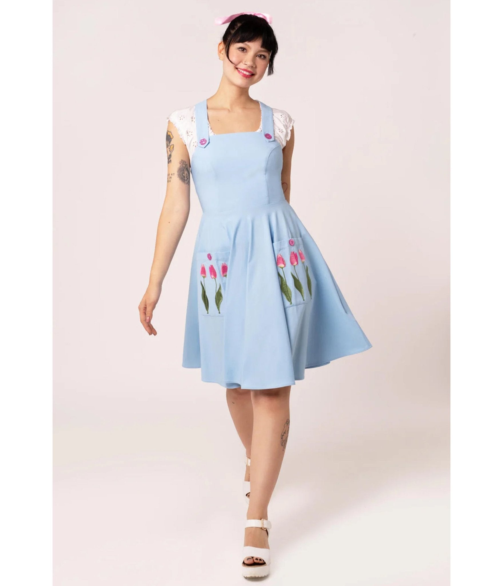Hell Bunny Sky Blue Tulip Embroidered Swing Dress Medium