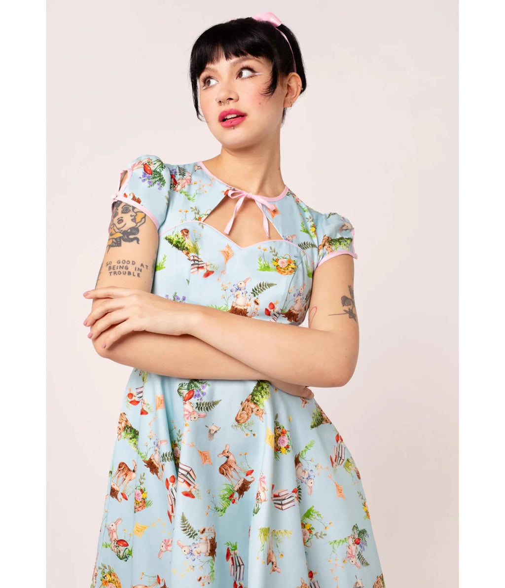 Hell Bunny Sky Blue Woodland Print Swing Dress - Unique Vintage - Womens, DRESSES, SWING