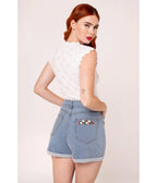 Hell Bunny Strawberry & Light Denim Shorts - Unique Vintage - Womens, BOTTOMS, SHORTS
