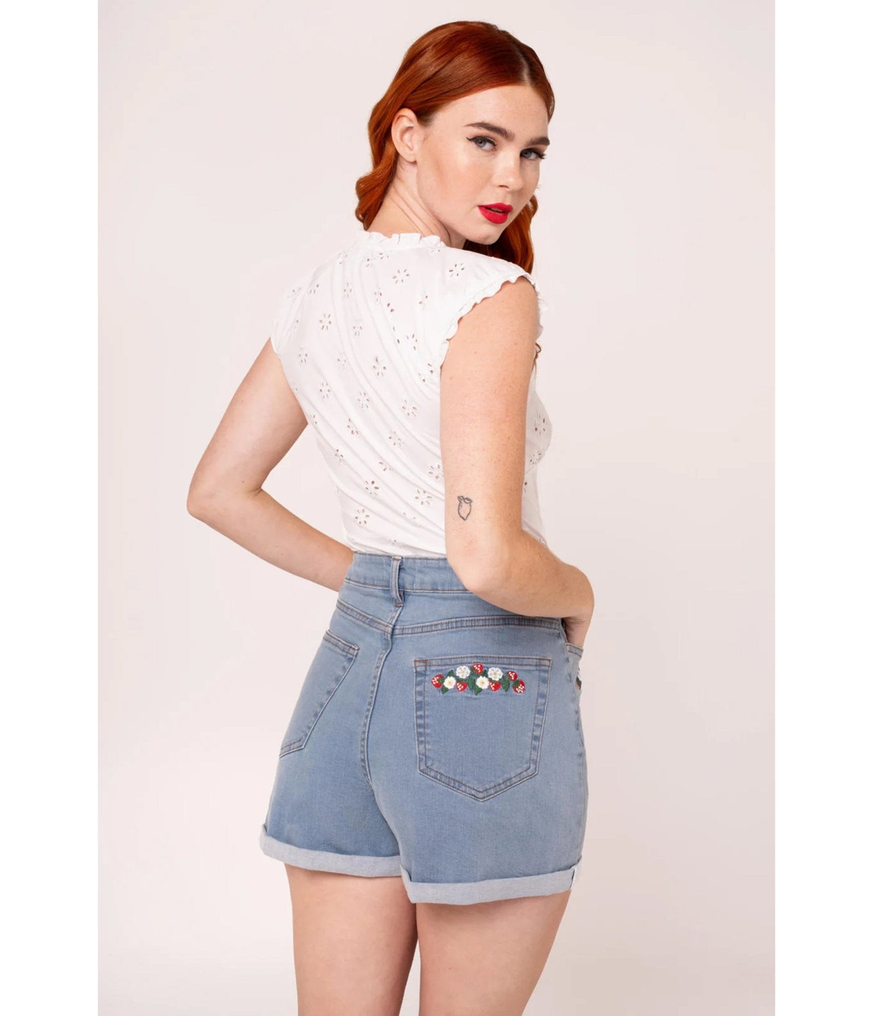 Hell Bunny Strawberry & Light Denim Shorts - Unique Vintage - Womens, BOTTOMS, SHORTS