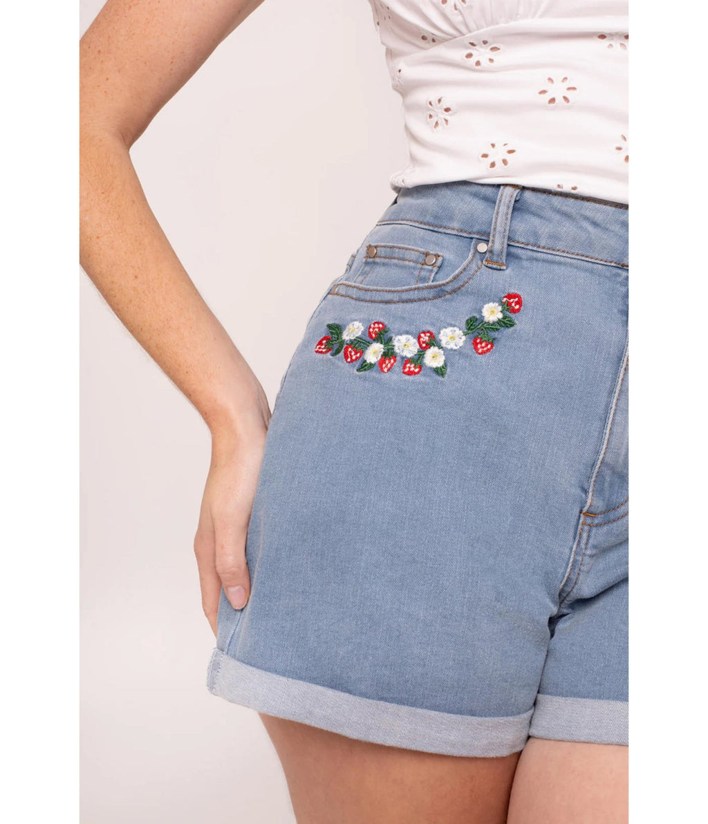 Hell Bunny Strawberry & Light Denim Shorts - Unique Vintage - Womens, BOTTOMS, SHORTS