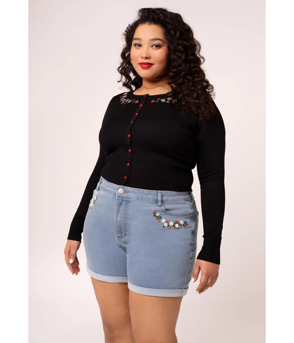 Hell Bunny Strawberry & Light Denim Shorts - Unique Vintage - Womens, BOTTOMS, SHORTS