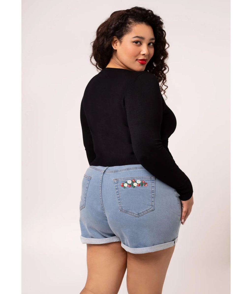 Hell Bunny Strawberry & Light Denim Shorts - Unique Vintage - Womens, BOTTOMS, SHORTS