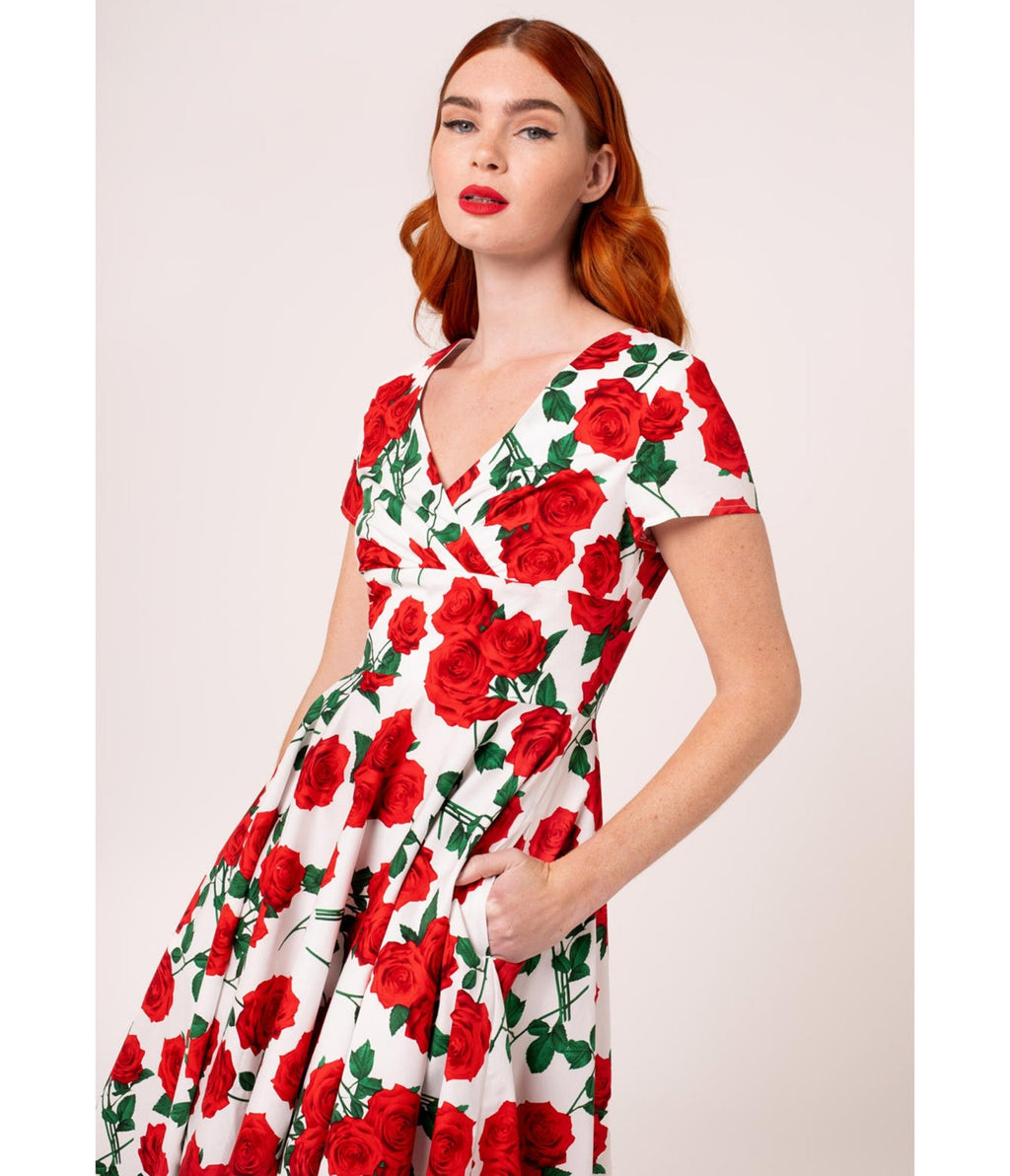 Hell Bunny White & Red Roses Dolce Vita Swing Dress - Unique Vintage - Womens, DRESSES, SWING