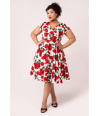 Hell Bunny White & Red Roses Dolce Vita Swing Dress - Unique Vintage - Womens, DRESSES, SWING