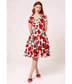 Hell Bunny White & Red Roses Dolce Vita Swing Dress - Unique Vintage - Womens, DRESSES, SWING