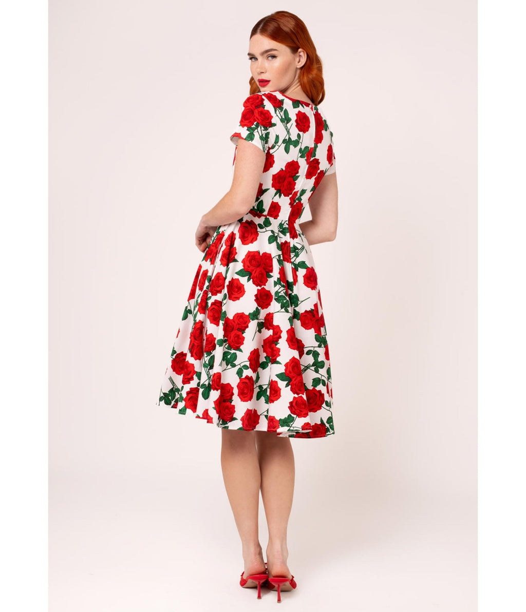 Hell Bunny White & Red Roses Dolce Vita Swing Dress - Unique Vintage - Womens, DRESSES, SWING