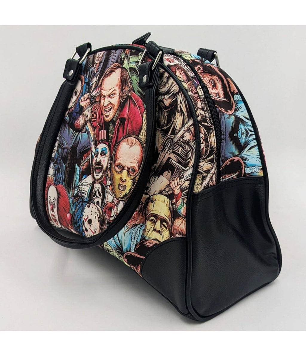 Horror Characters Print Bowler Bag - Unique Vintage - Womens, ACCESSORIES, HANDBAGS