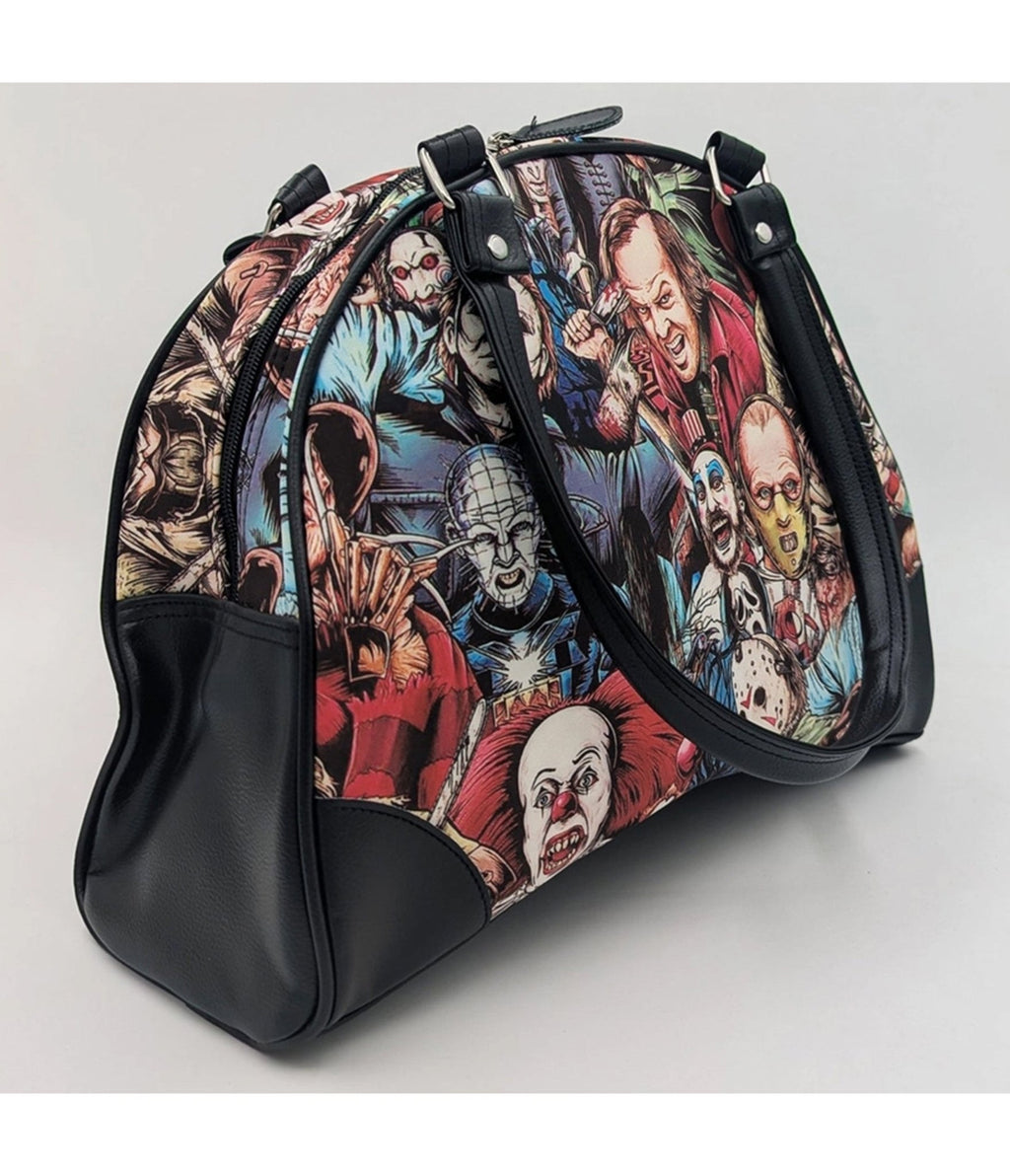 Horror Characters Print Bowler Bag - Unique Vintage - Womens, ACCESSORIES, HANDBAGS