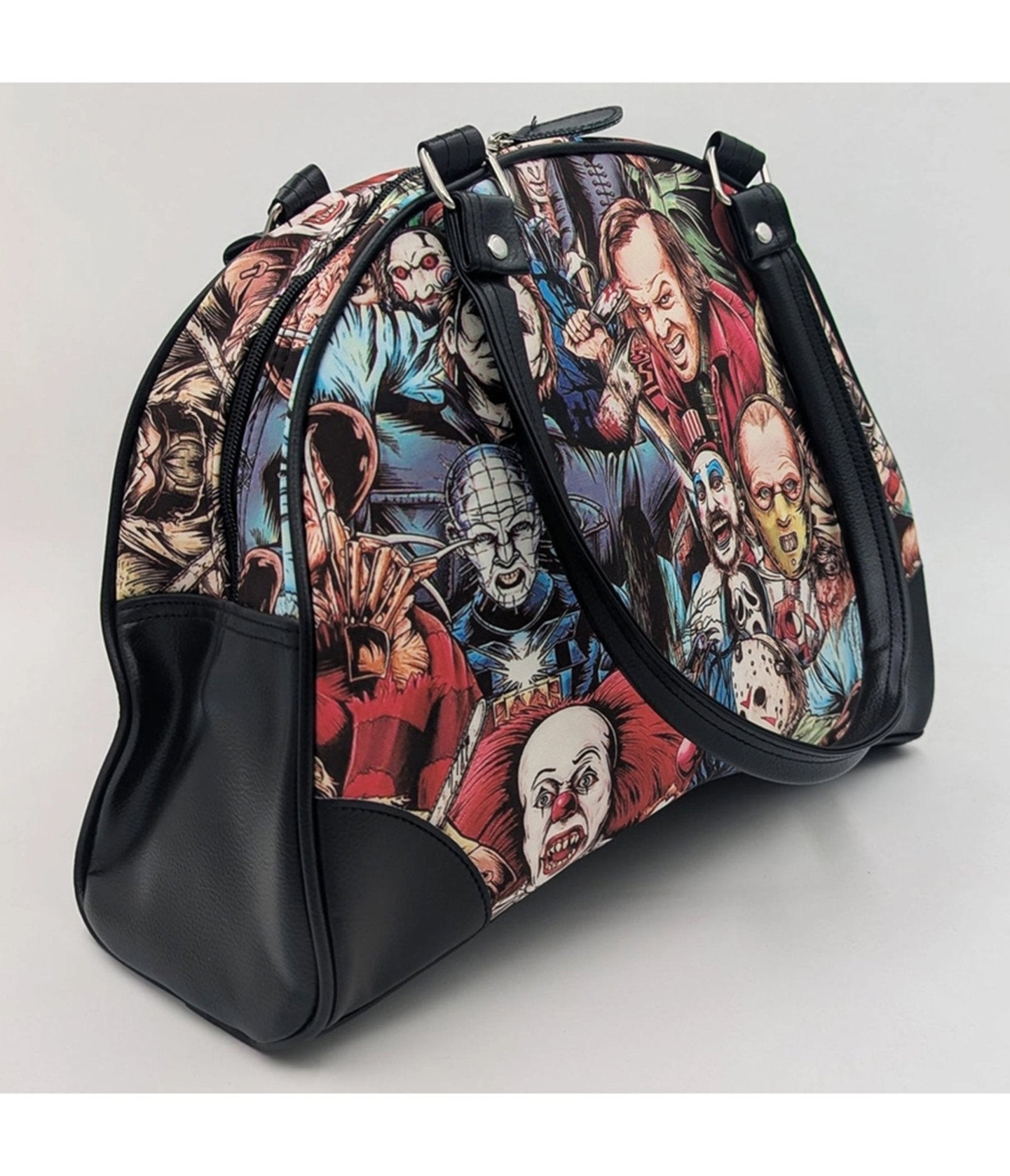 Horror Characters Print Bowler Bag - Unique Vintage - Womens, ACCESSORIES, HANDBAGS