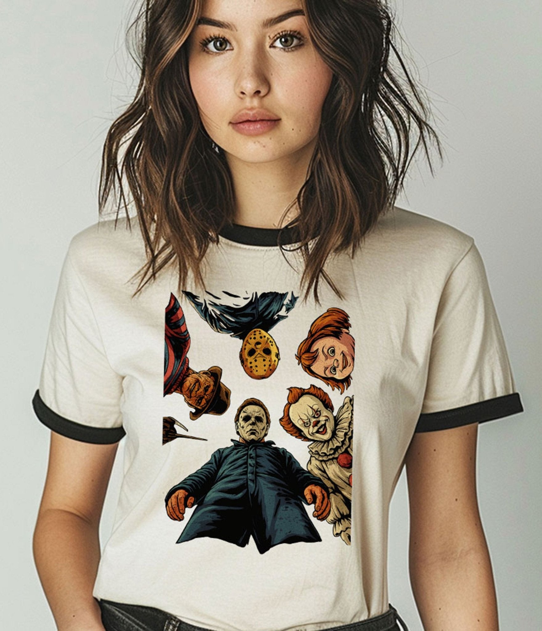 Horror Icons Unisex Ringer Tee - Unique Vintage - Womens, GRAPHIC TEES, TEES