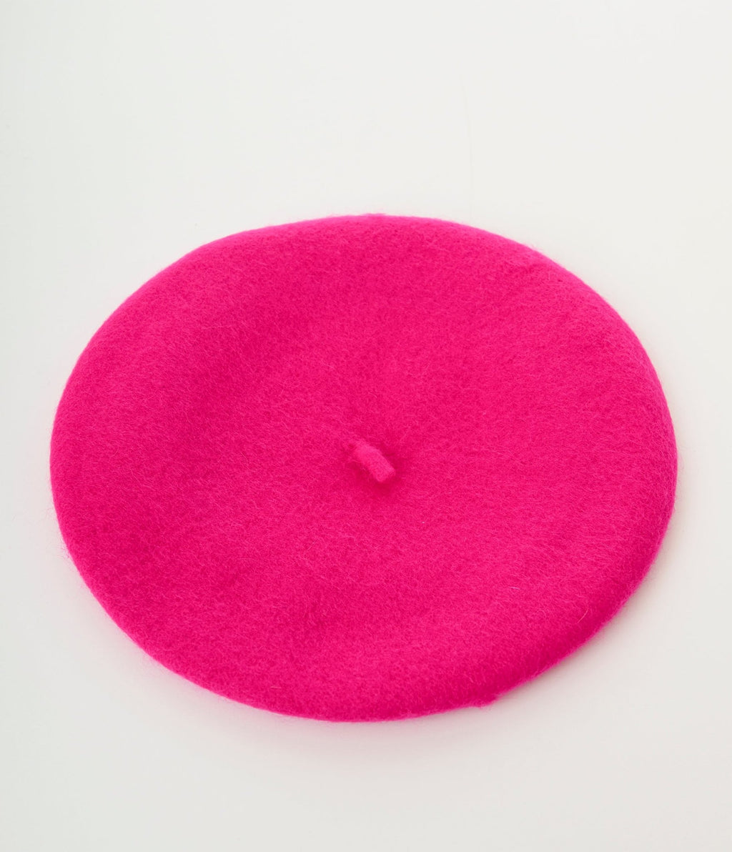 Hot Pink Classic Vintage Parisian Beret - Unique Vintage - Womens, ACCESSORIES, HATS
