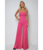 Hot Pink Denim Strapless Wide Leg Jumpsuit - Unique Vintage - Womens, BOTTOMS, ROMPERS AND JUMPSUITS