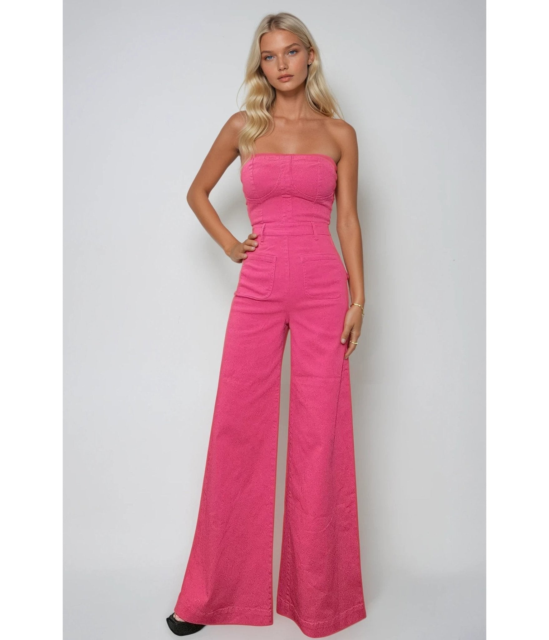 Hot Pink Denim Strapless Wide Leg Jumpsuit - Unique Vintage - Womens, BOTTOMS, ROMPERS AND JUMPSUITS