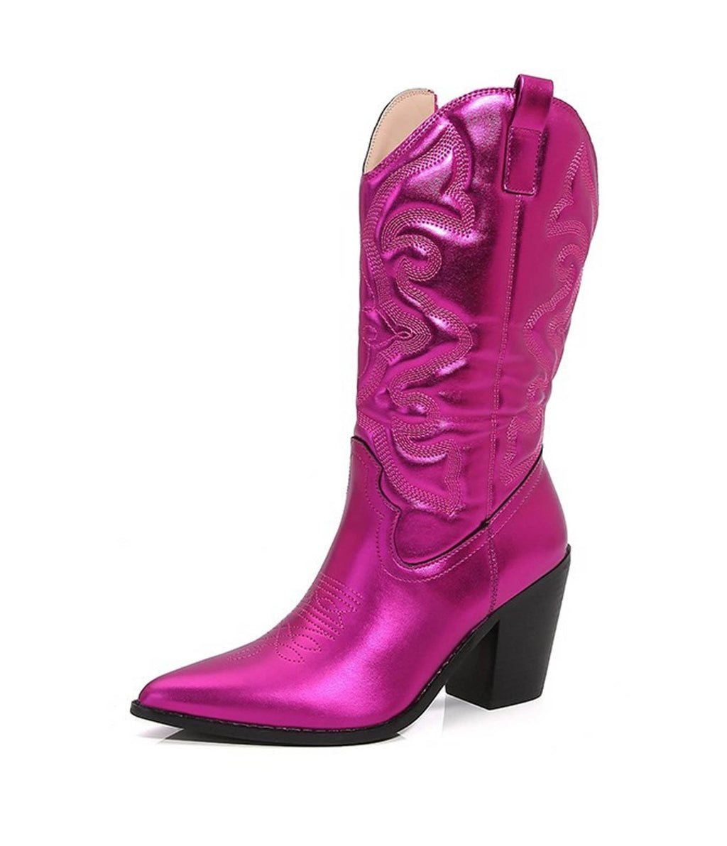 Hot Pink Metallic Cowboy Boots - Unique Vintage - Womens, SHOES, BOOTS