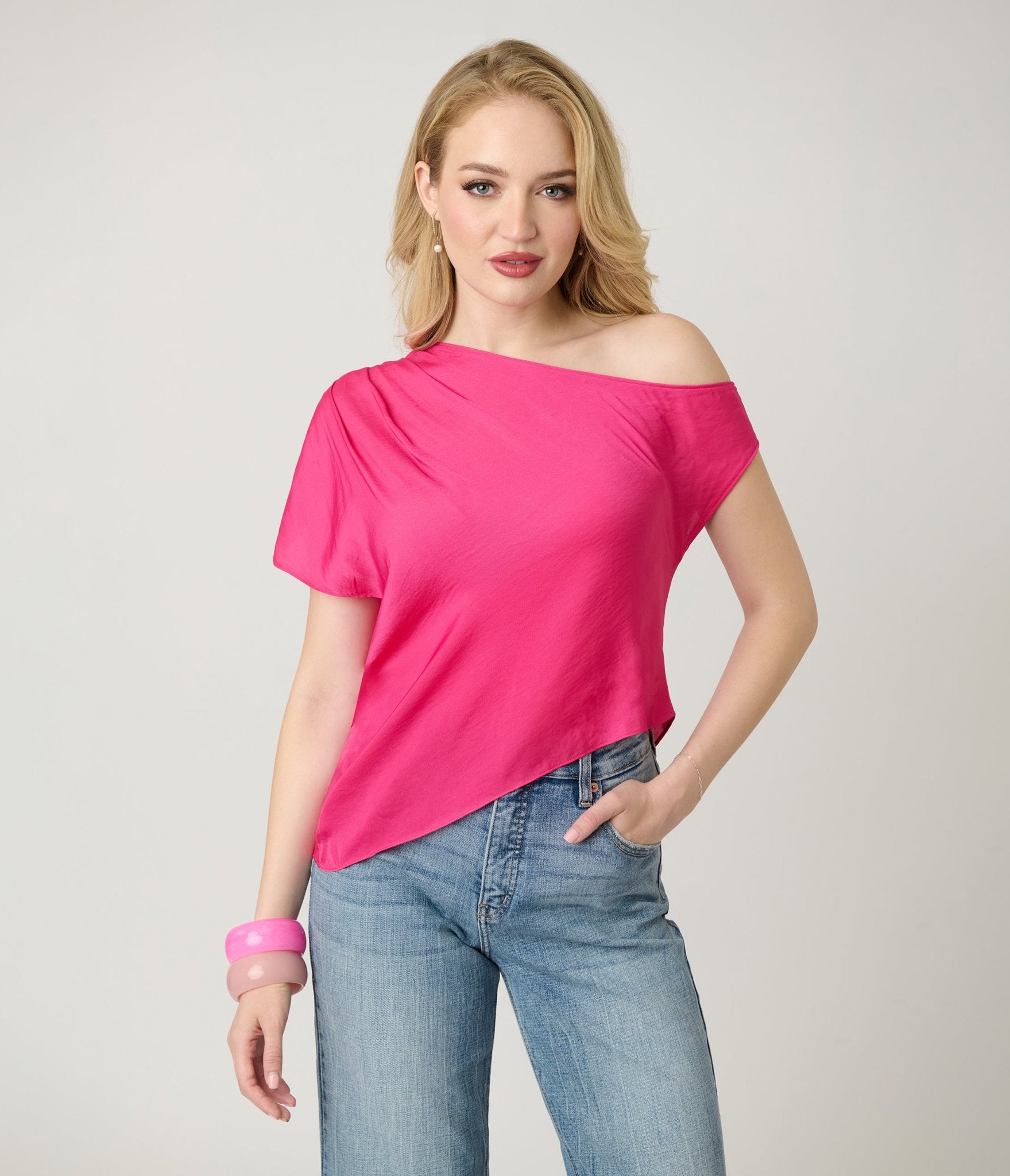 Hot Pink Off The Shoulder Satin Blouse - Unique Vintage - Womens, TOPS, WOVEN TOPS