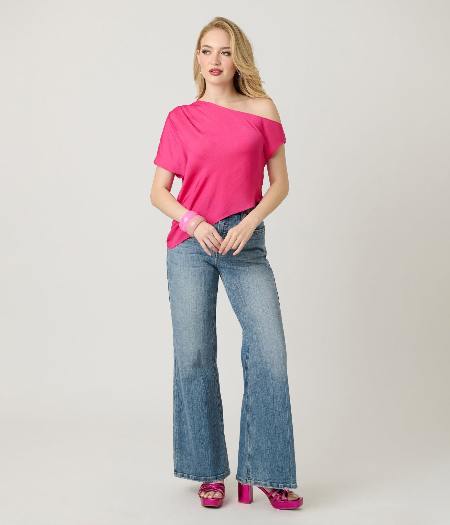 Hot Pink Off The Shoulder Satin Blouse - Unique Vintage - Womens, TOPS, WOVEN TOPS