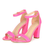 Hot Pink Patent Leatherette Block Heel Sandals - Unique Vintage - Womens, SHOES, HEELS