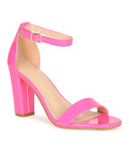 Hot Pink Patent Leatherette Block Heel Sandals - Unique Vintage - Womens, SHOES, HEELS