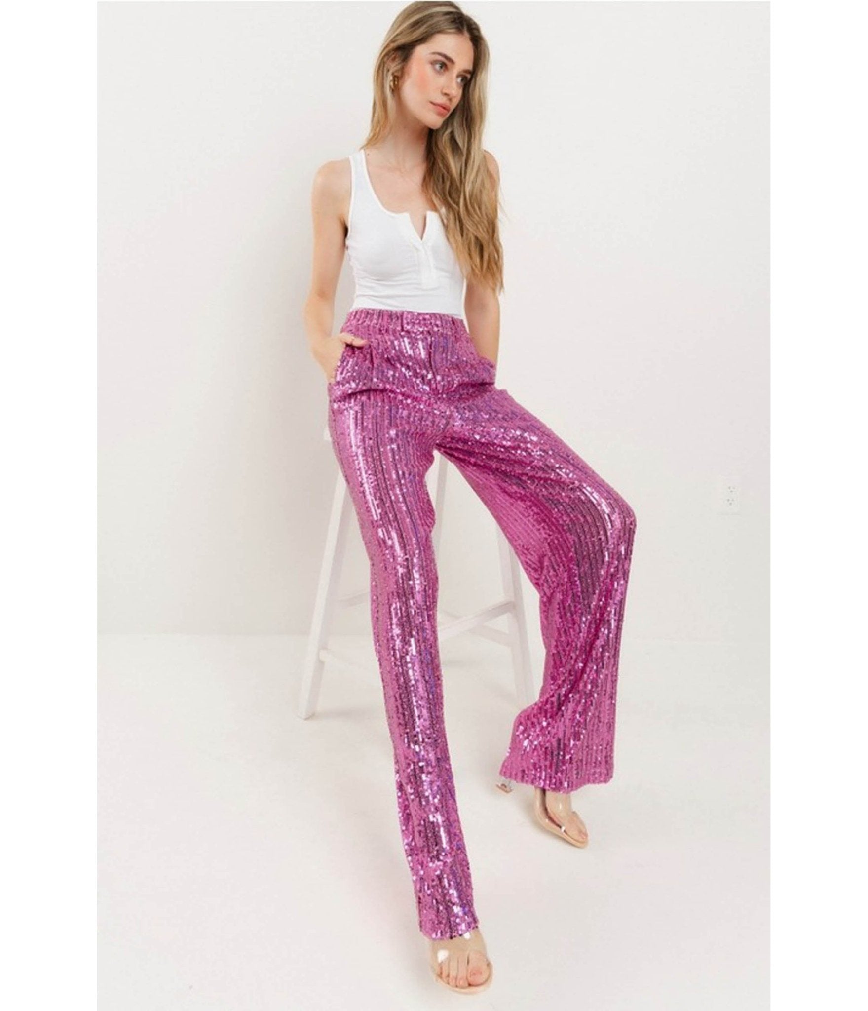 Hot Pink Sequin Wide Leg Pants - Unique Vintage - Womens, BOTTOMS, PANTS