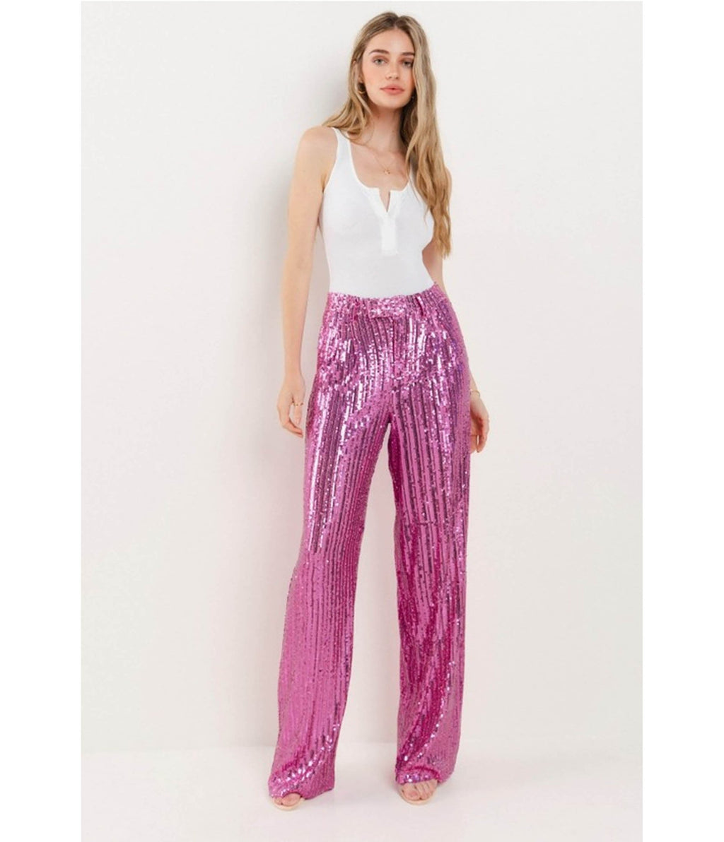 Hot Pink Sequin Wide Leg Pants - Unique Vintage - Womens, BOTTOMS, PANTS
