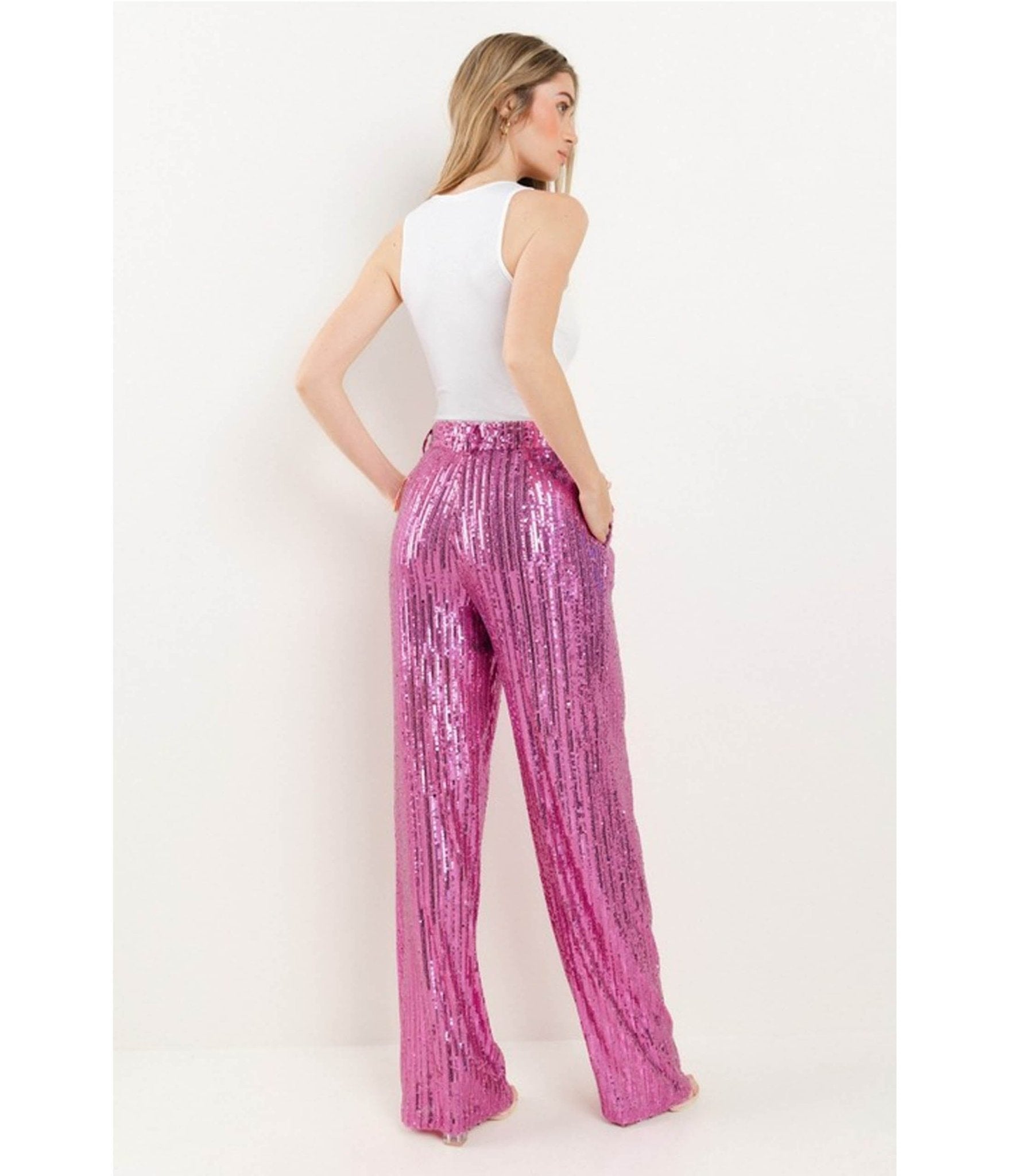 Hot Pink Sequin Wide Leg Pants - Unique Vintage - Womens, BOTTOMS, PANTS