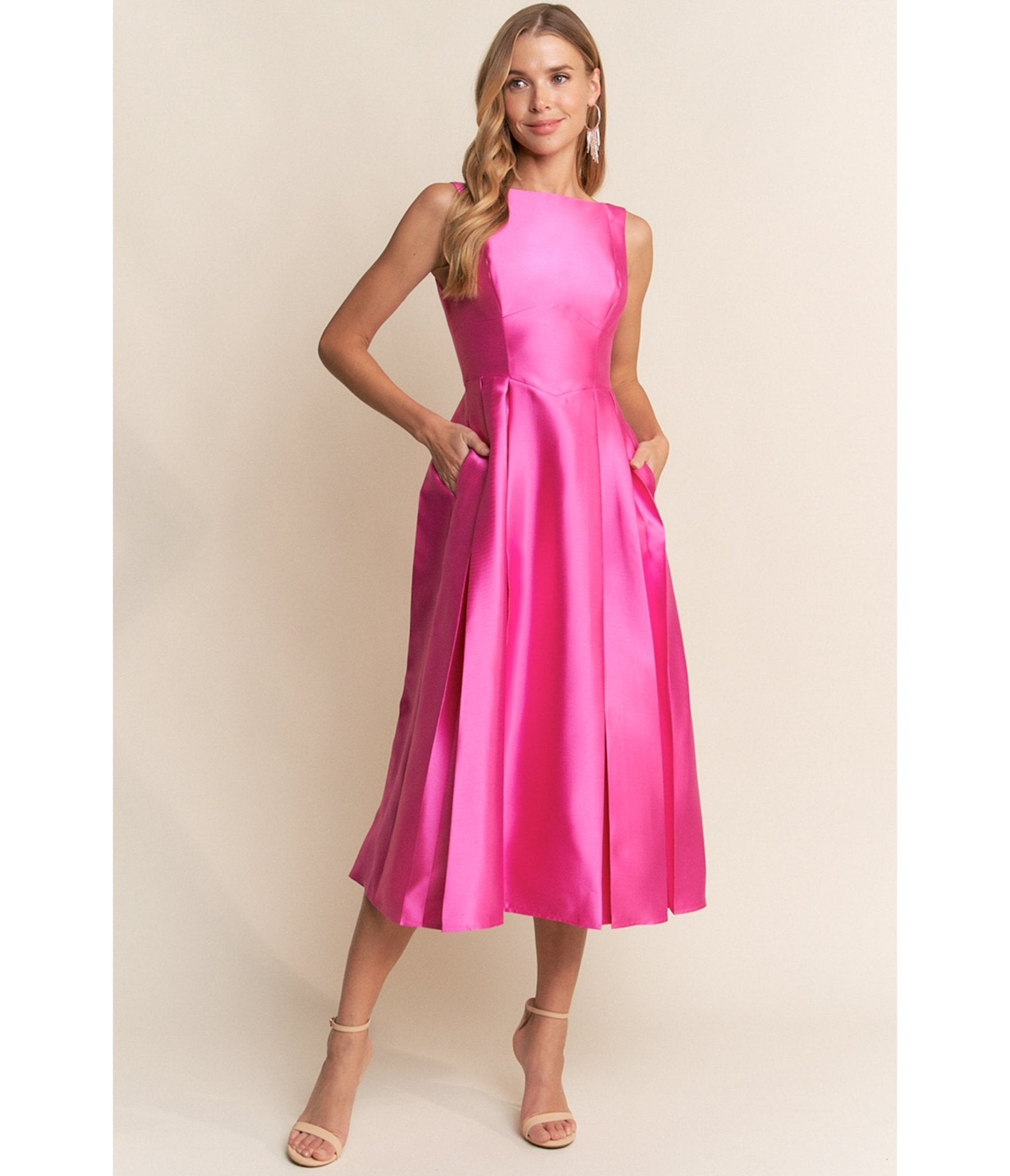 Hot Pink Shimmer Sleeveless Midi Dress - Unique Vintage - Womens, DRESSES, PROM AND SPECIAL OCCASION
