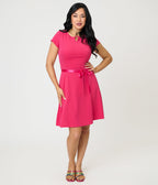 Hot Pink Swing Dress With Belt Trim - Unique Vintage - Womens, DRESSES, A - LINE