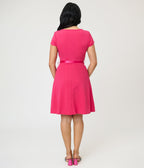 Hot Pink Swing Dress With Belt Trim - Unique Vintage - Womens, DRESSES, A - LINE