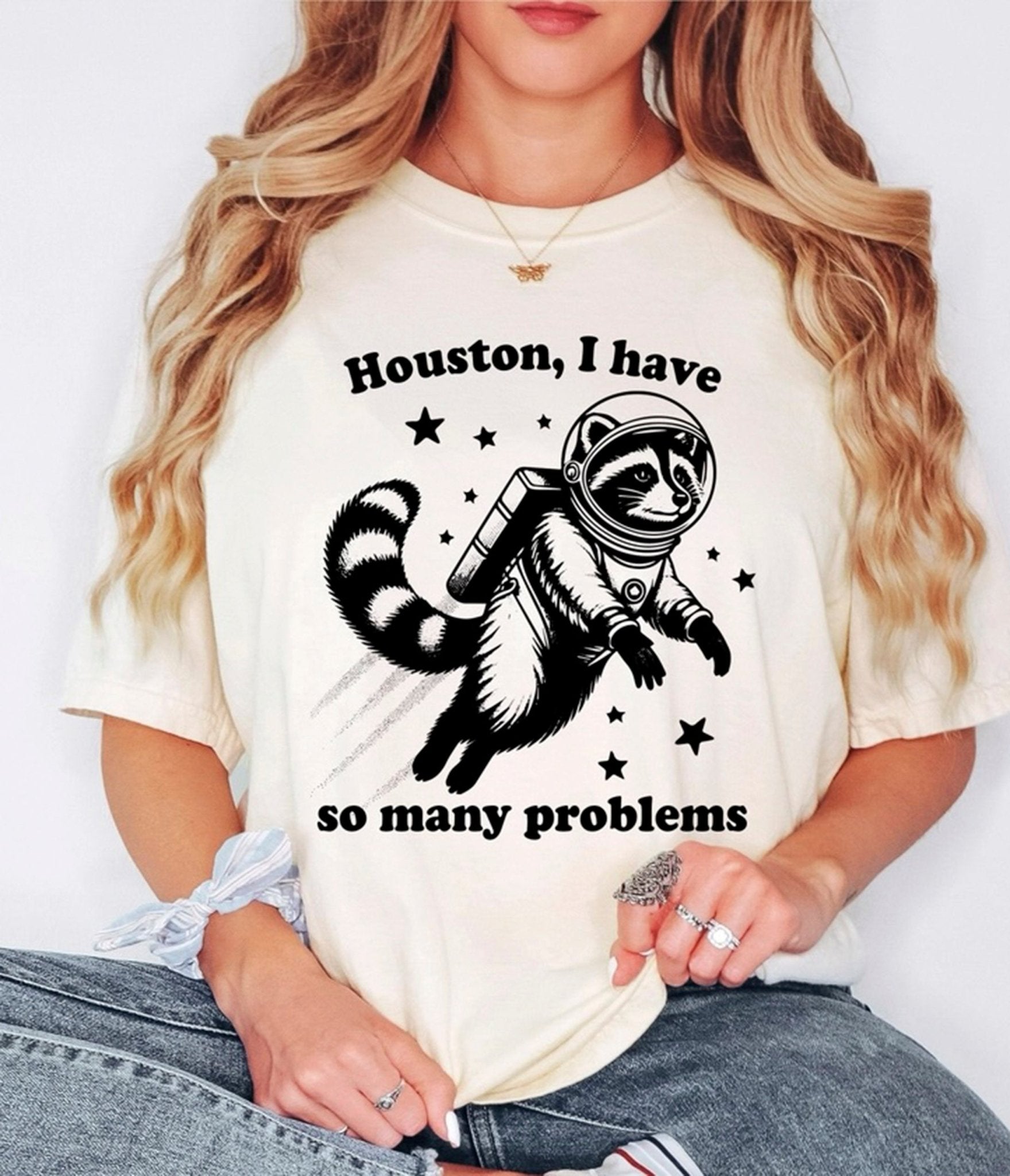 Houston I Have So Many Problems Raccoon Astronaut Unisex Graphic Tee - Unique Vintage - Womens, TOPS, TEES