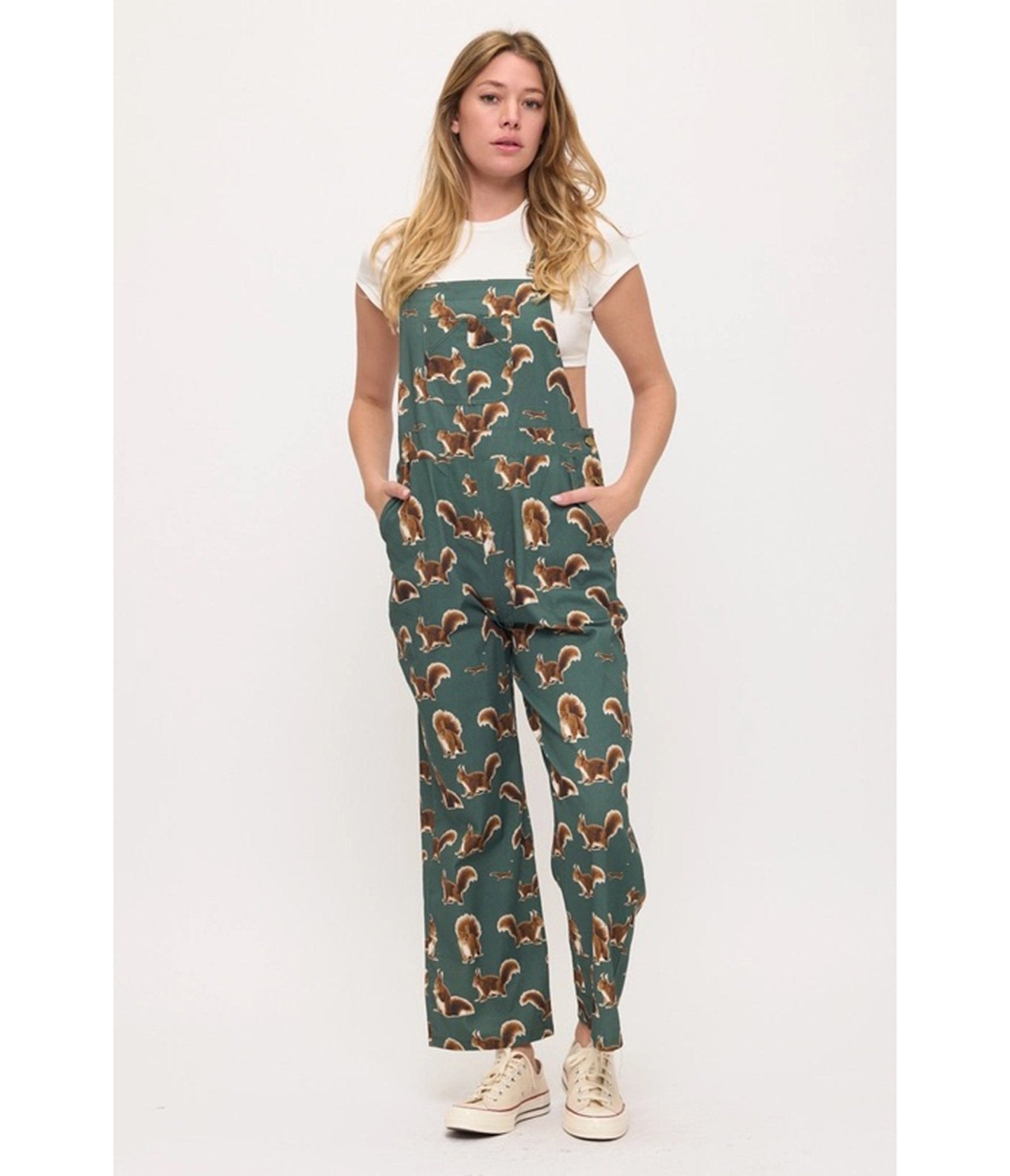 Hunter Green Squirrel Print Overalls - Unique Vintage - Womens, BOTTOMS, ROMPERS AND JUMPSUITS