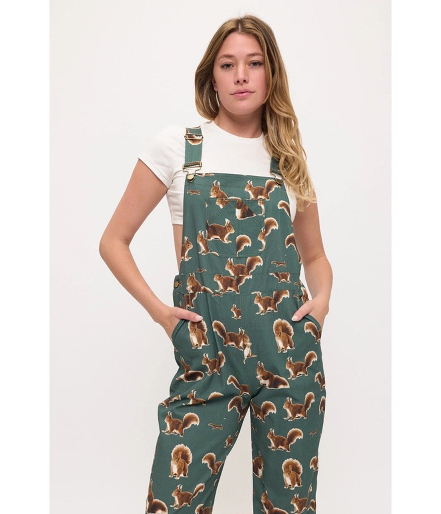 Hunter Green Squirrel Print Overalls - Unique Vintage - Womens, BOTTOMS, ROMPERS AND JUMPSUITS
