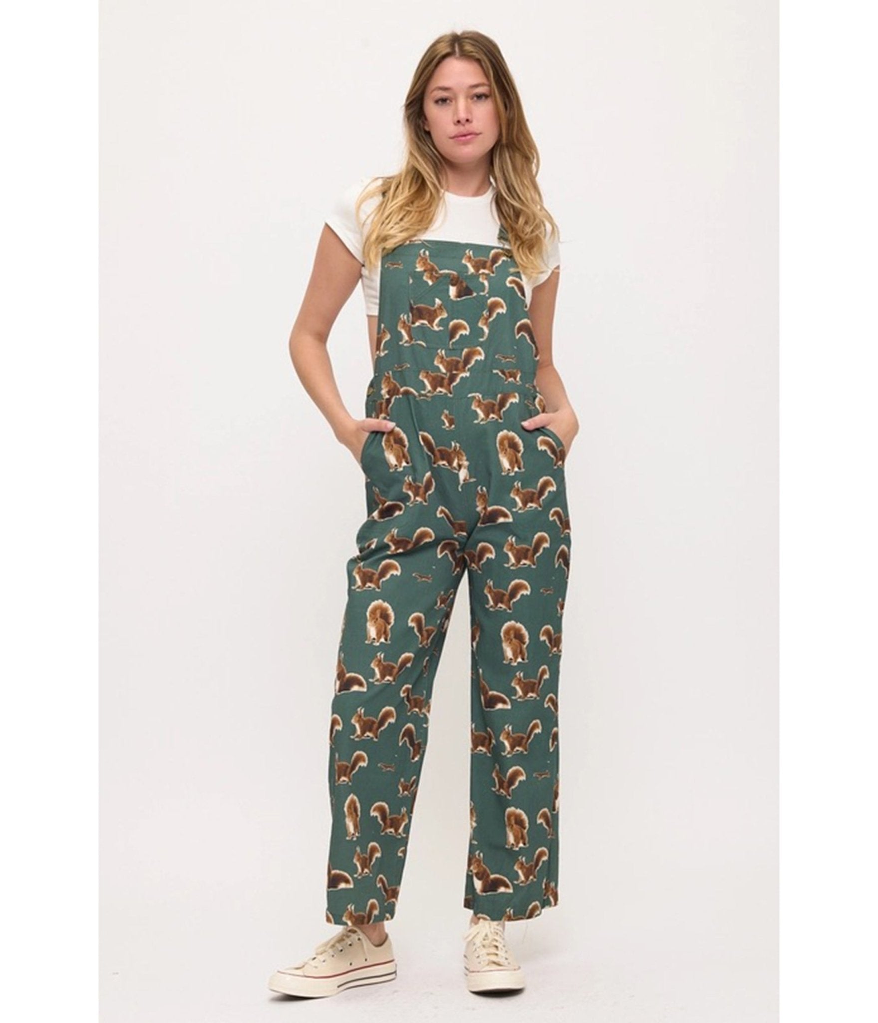 Hunter Green Squirrel Print Overalls - Unique Vintage - Womens, BOTTOMS, ROMPERS AND JUMPSUITS