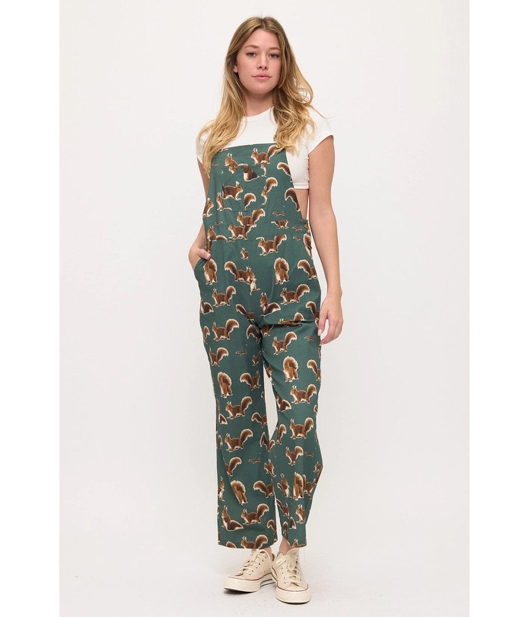 Hunter Green Squirrel Print Overalls - Unique Vintage - Womens, BOTTOMS, ROMPERS AND JUMPSUITS