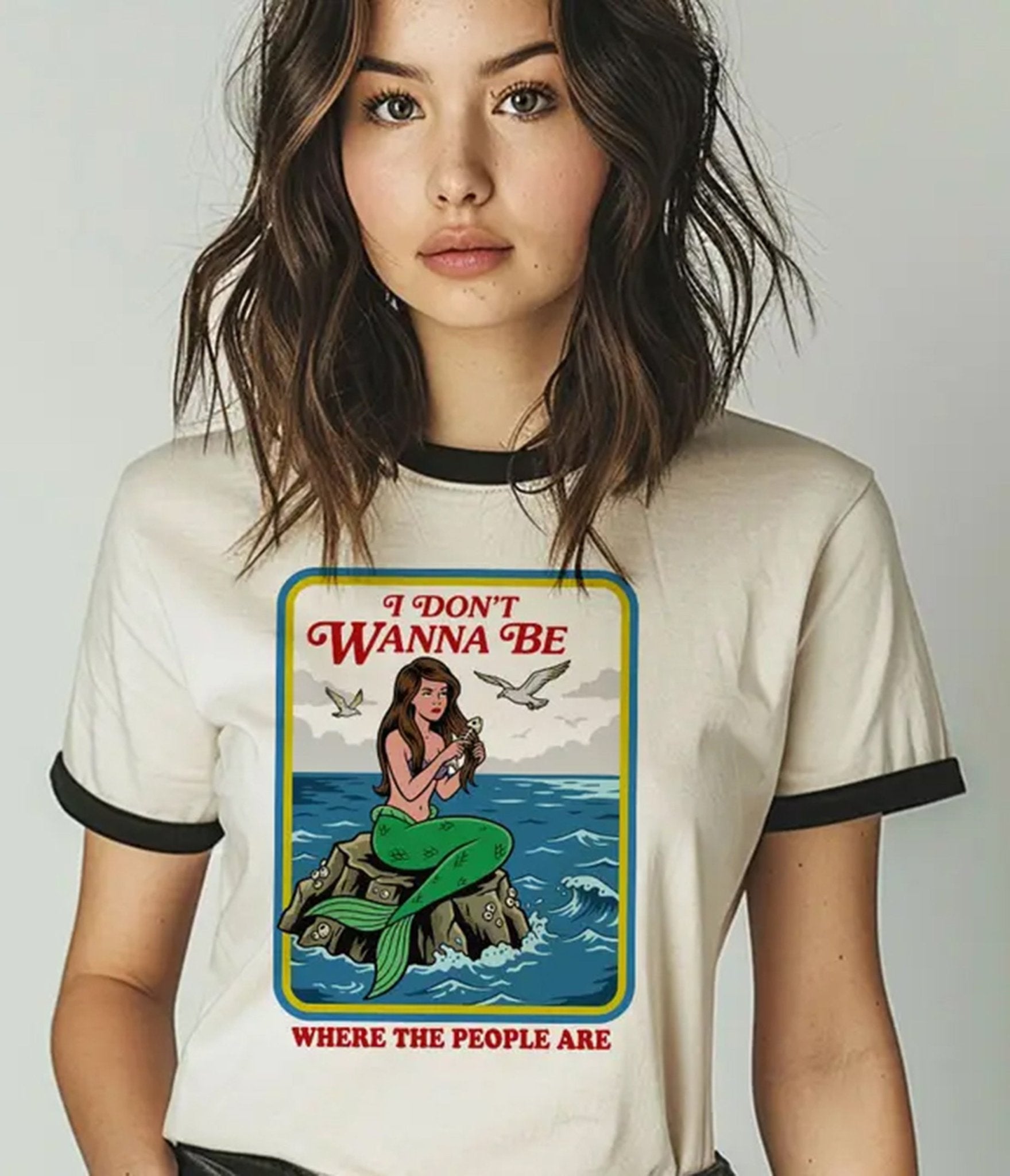 Introvert Mermaid Unisex Ringer Graphic Tee - Unique Vintage - Womens, GRAPHIC TEES, TEES