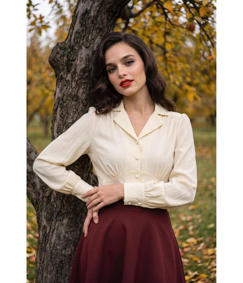 Ivory 1940's Button Up Collared Blouse - Unique Vintage - Blouses