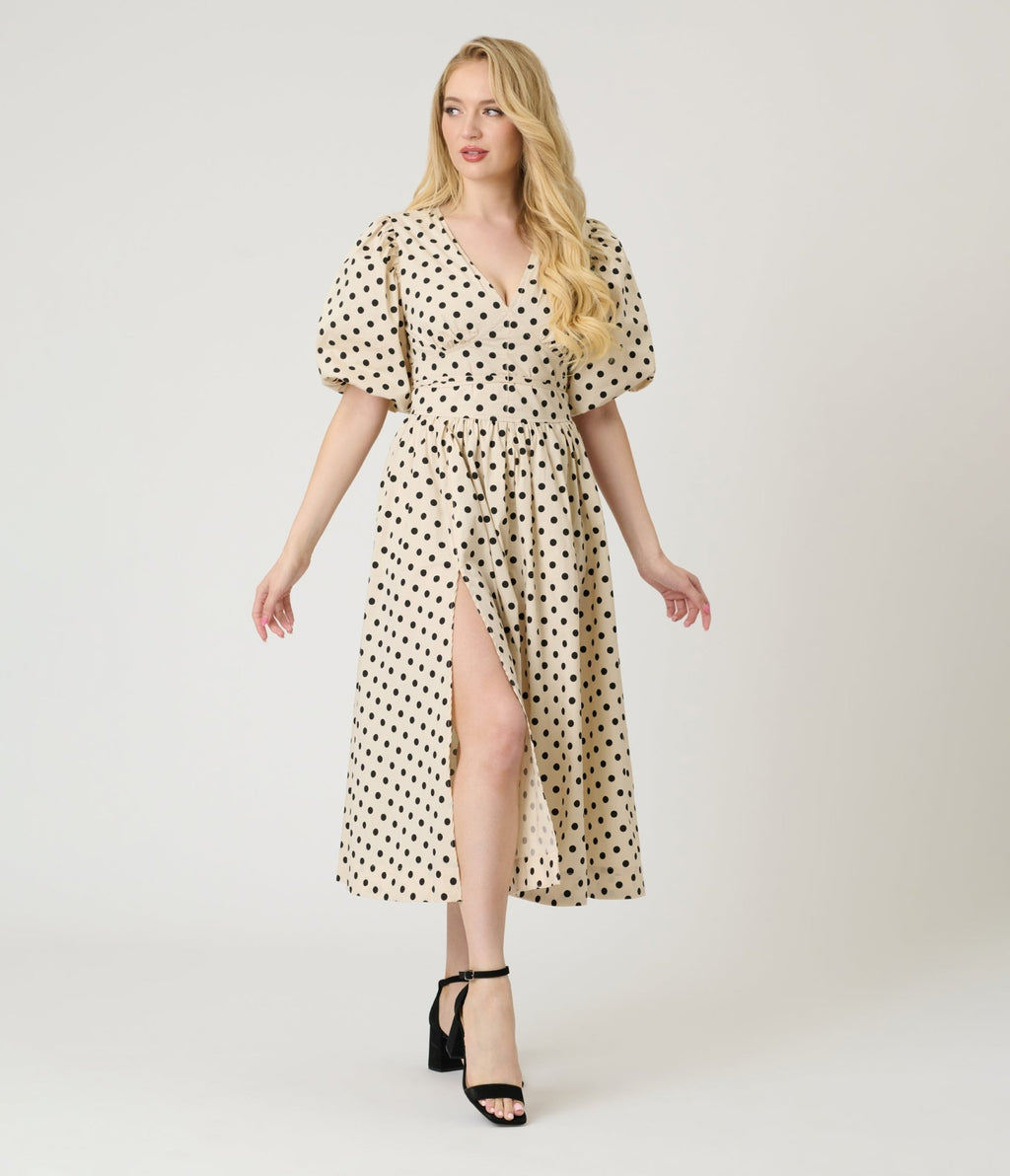 Ivory & Black Polka Dot Tie Waist Midi Dress - Unique Vintage - Womens, DRESSES, MIDI