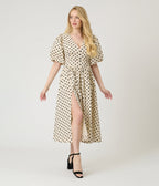 Ivory & Black Polka Dot Tie Waist Midi Dress - Unique Vintage - Womens, DRESSES, MIDI