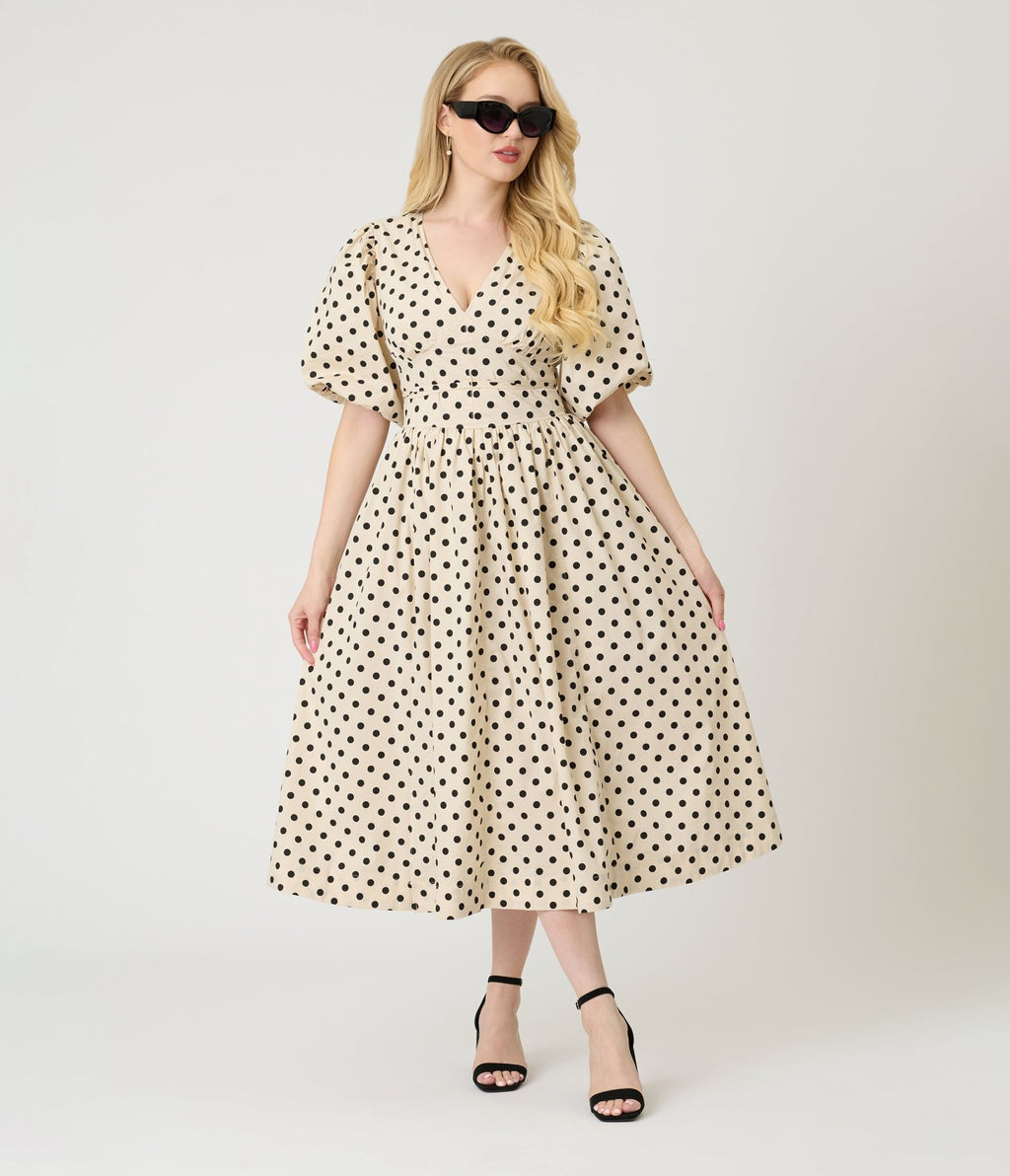 Ivory & Black Polka Dot Tie Waist Midi Dress - Unique Vintage - Womens, DRESSES, MIDI