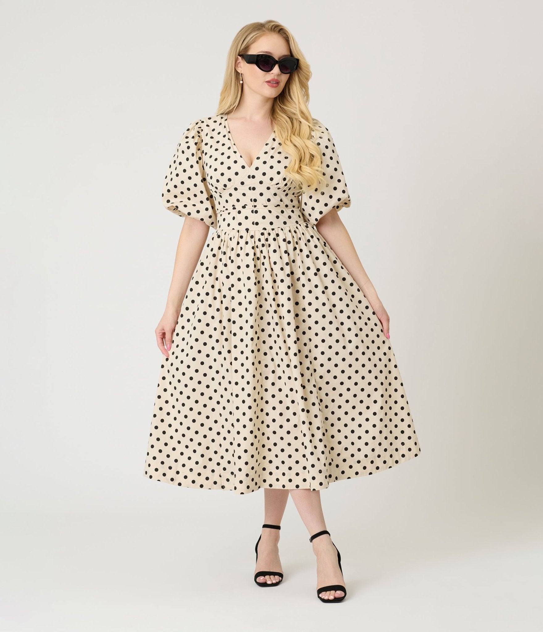 Ivory & Black Polka Dot Tie Waist Midi Dress - Unique Vintage - Womens, DRESSES, MIDI