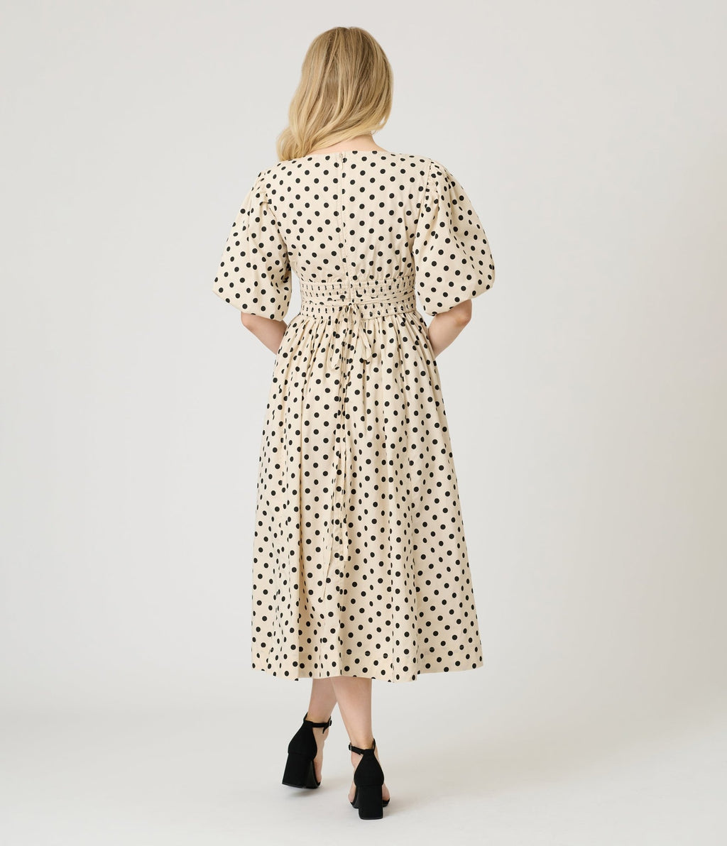 Ivory & Black Polka Dot Tie Waist Midi Dress - Unique Vintage - Womens, DRESSES, MIDI