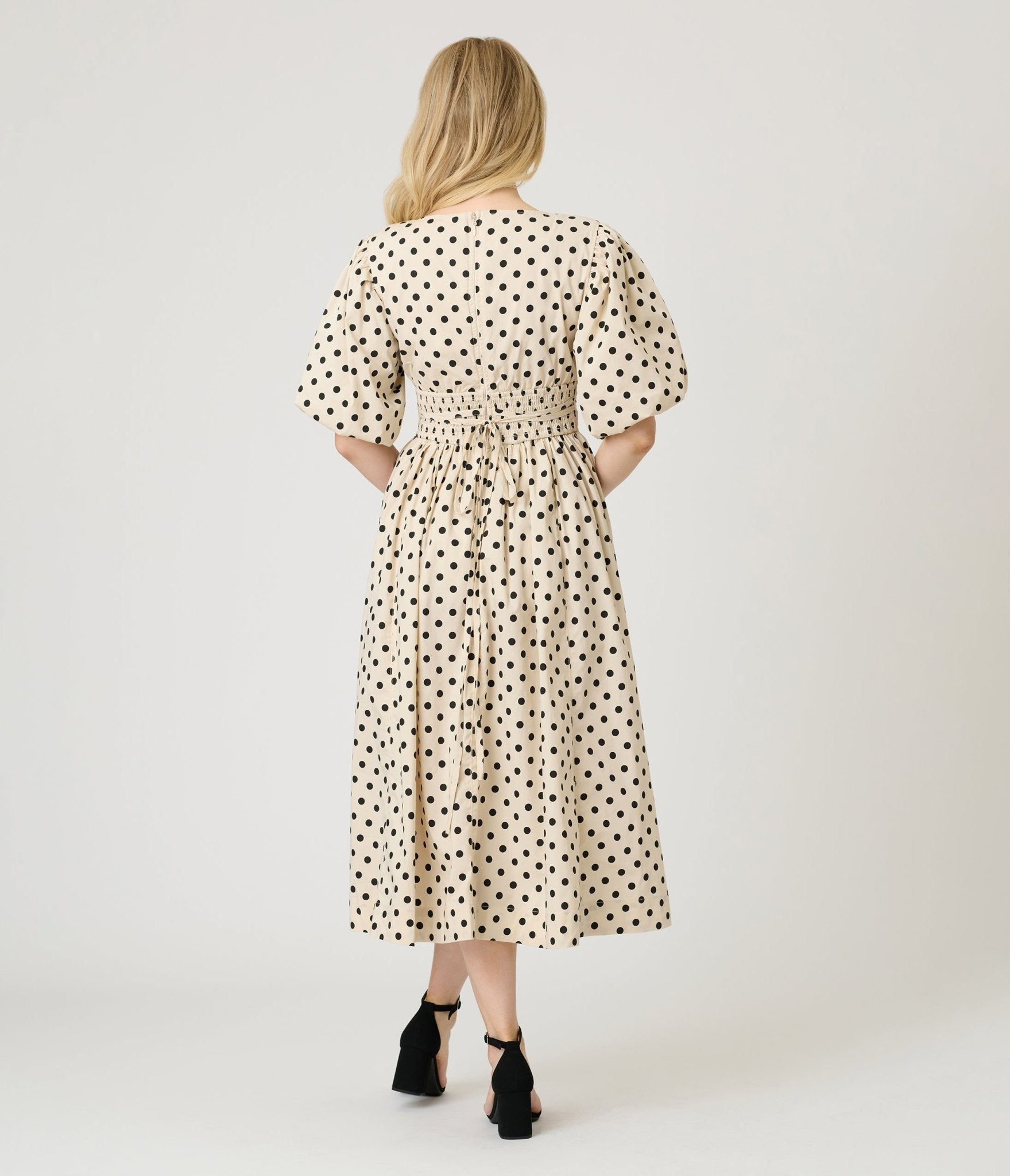 Ivory & Black Polka Dot Tie Waist Midi Dress - Unique Vintage - Womens, DRESSES, MIDI