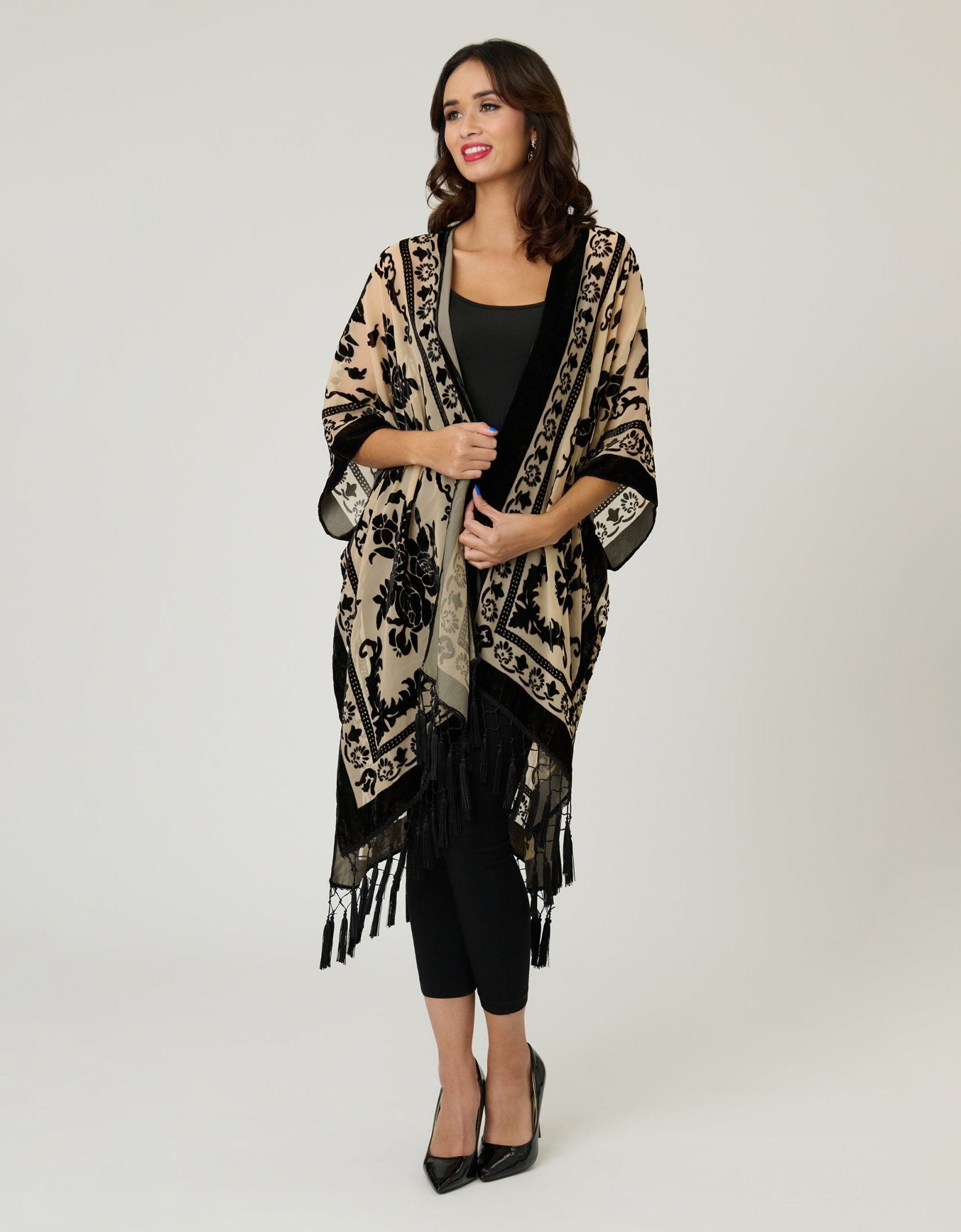 Ivory & Black Velvet Tapestry Tassel Kimono - Unique Vintage - Womens, TOPS, OUTERWEAR
