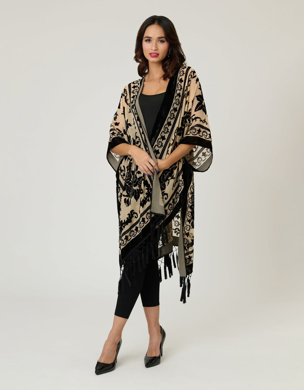Ivory & Black Velvet Tapestry Tassel Kimono - Unique Vintage - Womens, TOPS, OUTERWEAR
