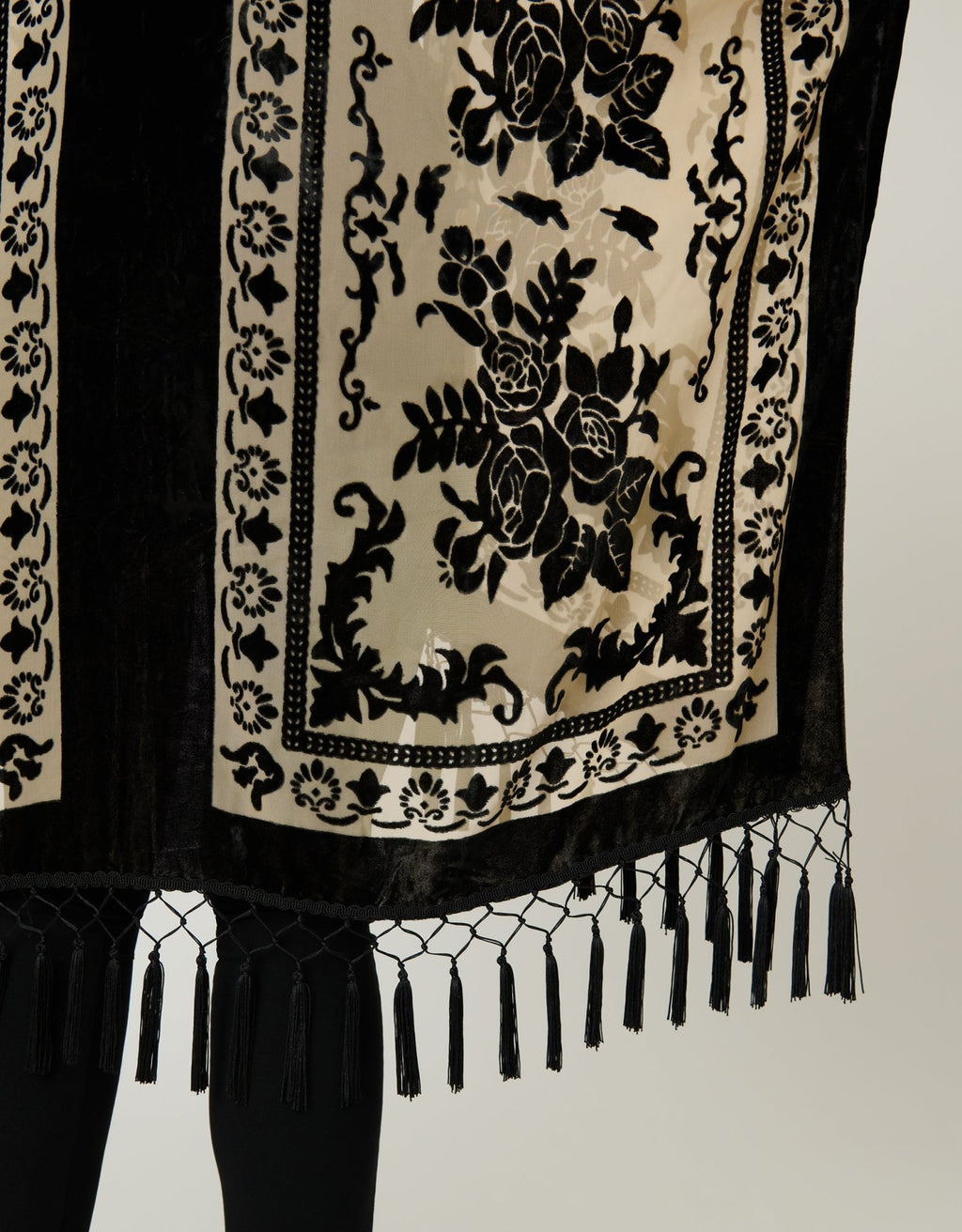 Ivory & Black Velvet Tapestry Tassel Kimono - Unique Vintage - Womens, TOPS, OUTERWEAR