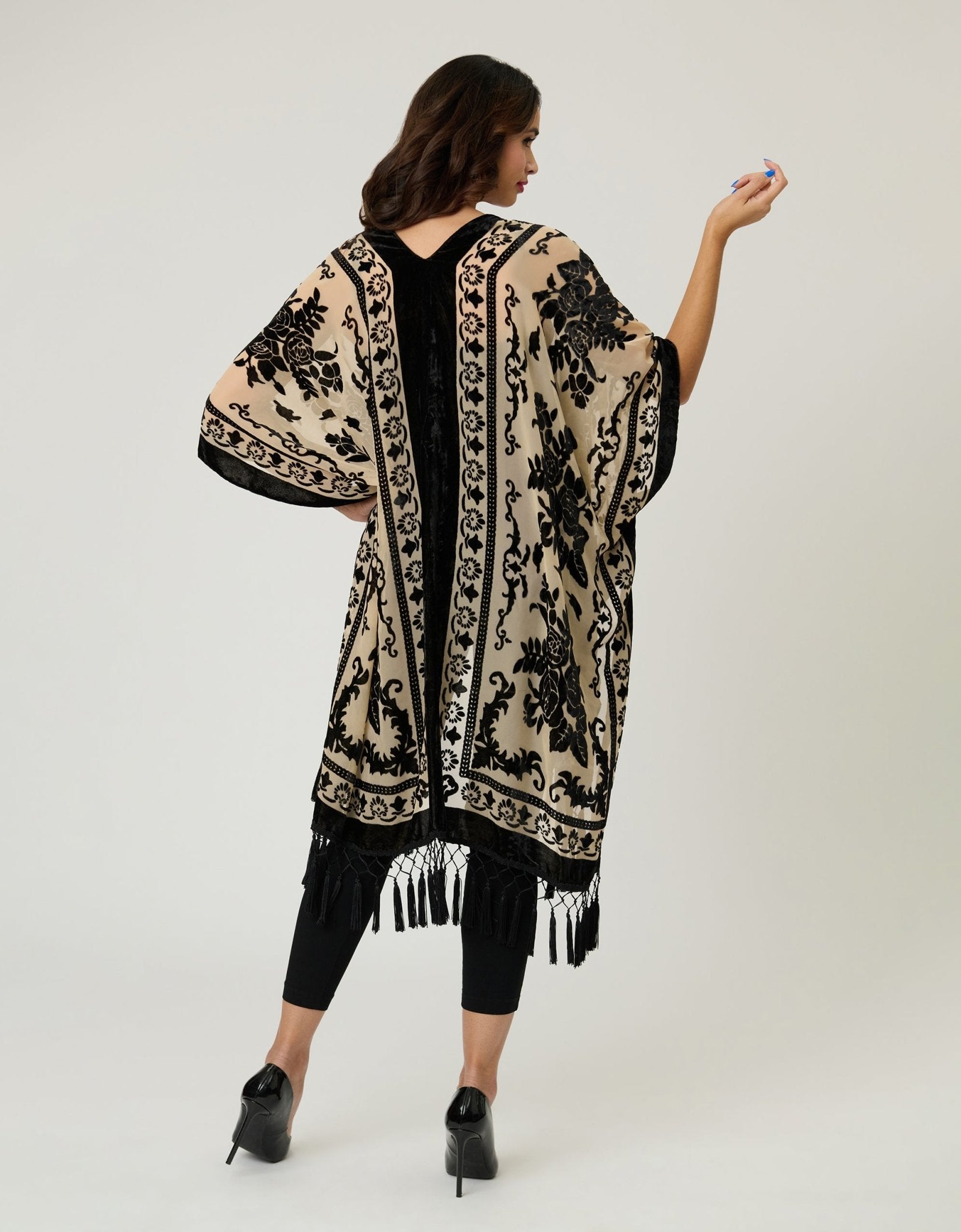 Ivory & Black Velvet Tapestry Tassel Kimono - Unique Vintage - Womens, TOPS, OUTERWEAR